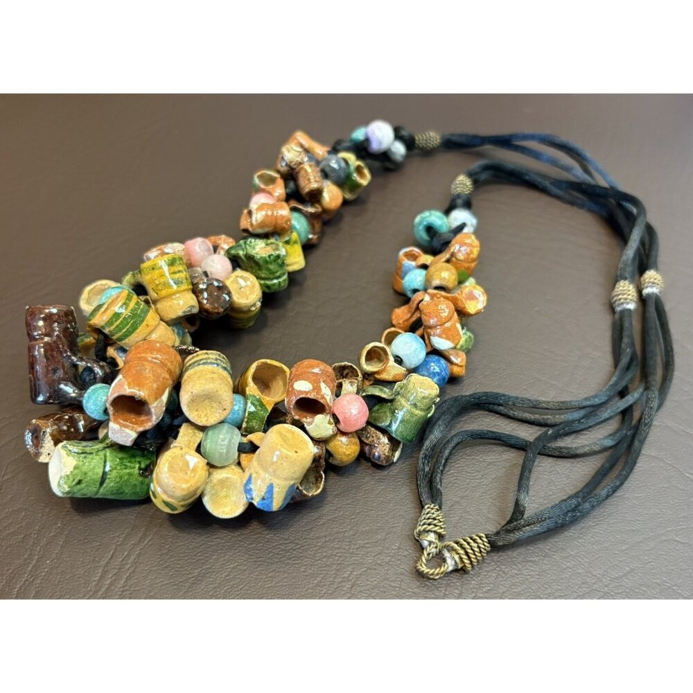 Vintage Mexican Hand Made Folk Art Clay Colorful Pottery Mug Cup Necklace 32”